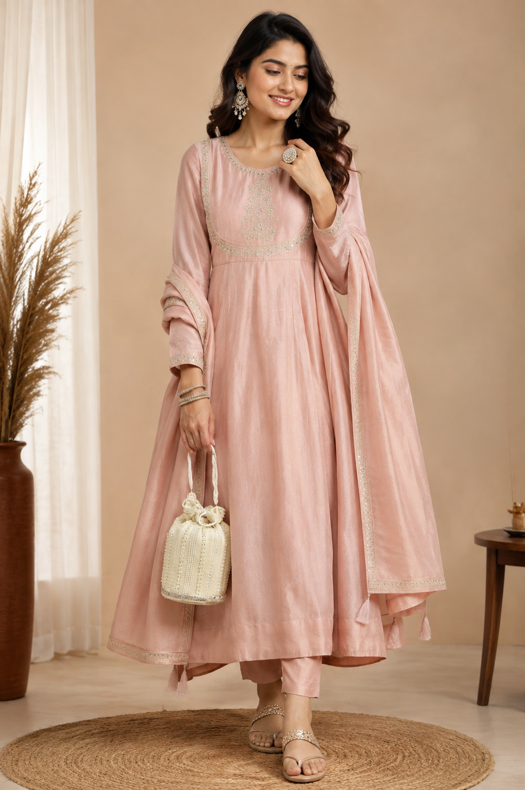 Women silk blend kurta pant dupatta set