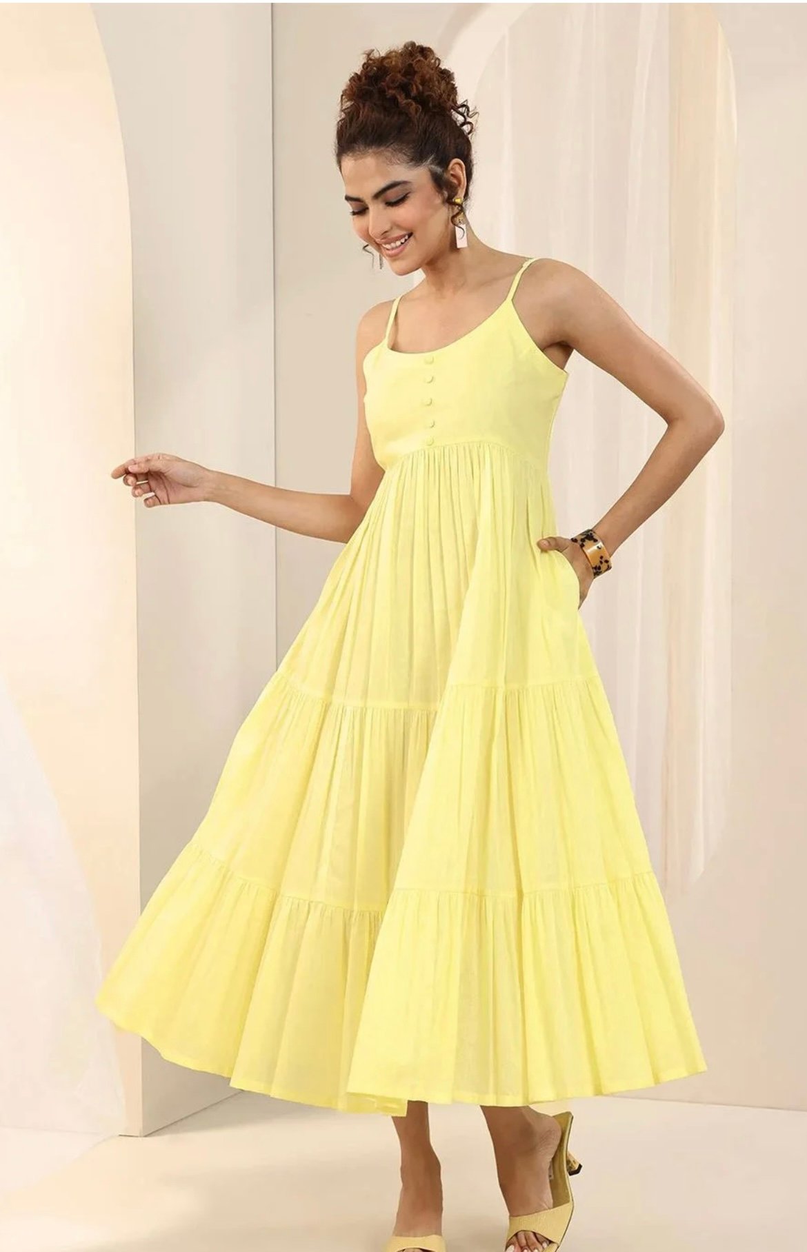 Women soulder straps Smocked Cotton Fit&Flare Midi Dress